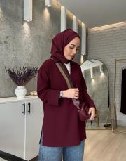 bordo v yaka detaylı bluz