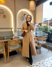 camel punto nakışlı kaşe kaban