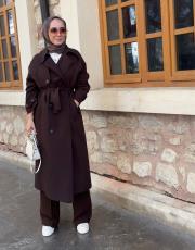 kahve oversize kemerli trençkot 3