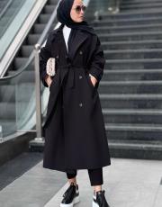 siyah oversize kemerli trençkot